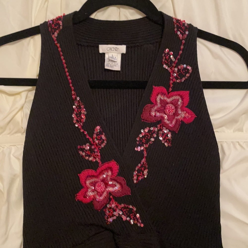 Caché Black Vintage Embellished Top w/ Red Floral Embroidery & Beads